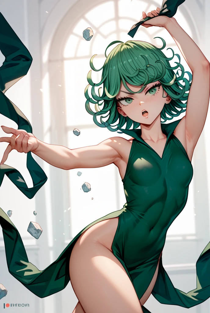 green eyes,green hair,bandage bra,small tits