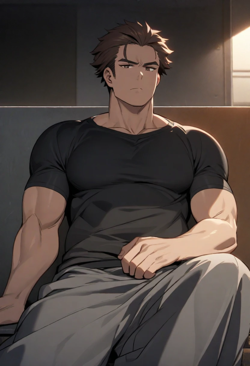 Man comes home from work tired and sweaty, takes off his shirt and sits on his couch panting while he puts his stinky and sweaty feet on the table without a belt, revealing hair protruding from his while his hands are behind his head, revealing his stinky and sweaty armpits. hairy sweaty black hair strong muscular 