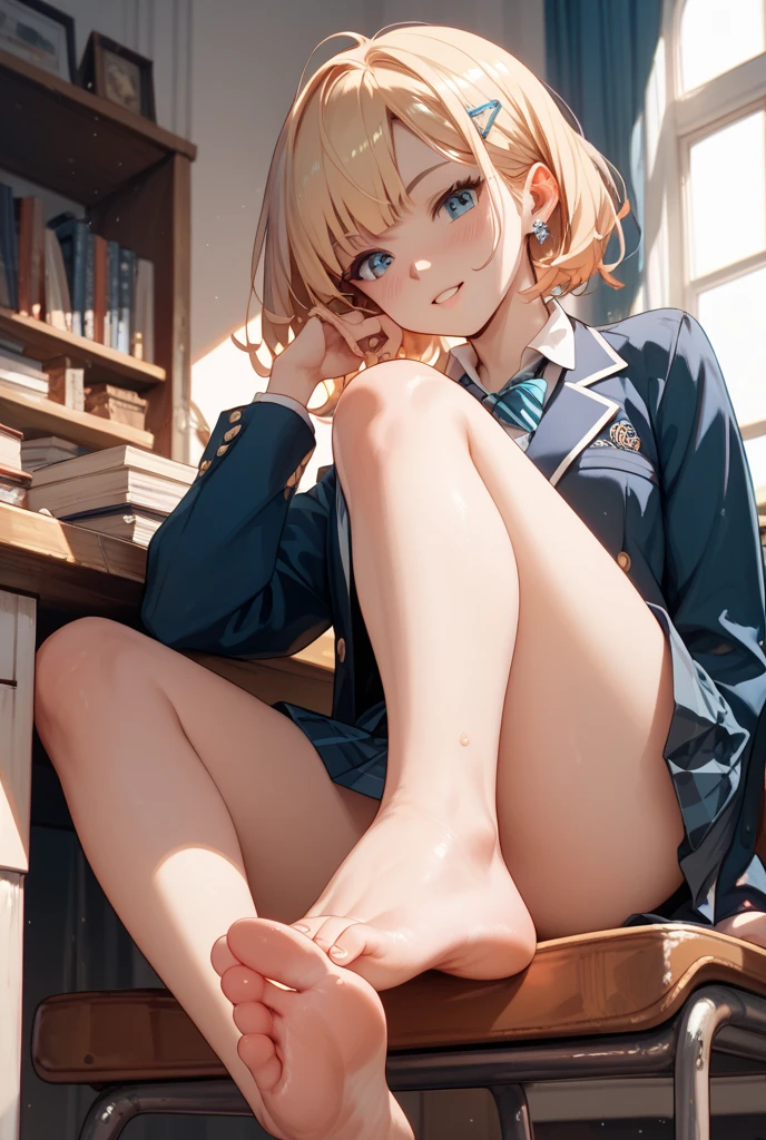 (masterpiece, Highest quality), Blonde Short Hair, (Schoolgirl Uniform, Pleated mini skirt), Put the VR goggles on your eyes, Open your mouth, Hold two VR controllers in your hands, Sitting on the floor, Raise your knees, Put your knees on your chest, Spread leg pose, (White cotton panties), Camel Toe, In her room, Barefoot, barefoot, ((Show your crotch, Showing panties)),