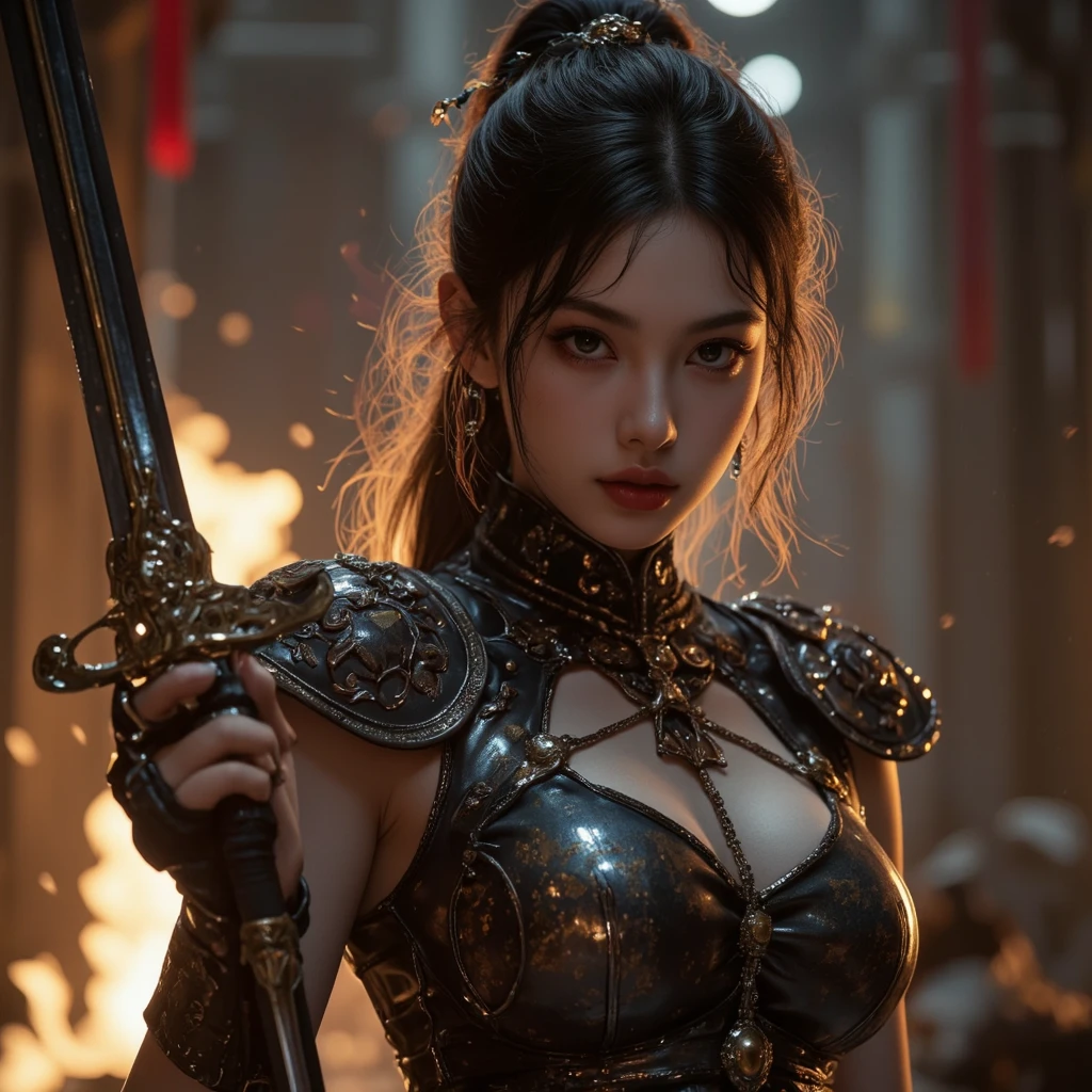 (highest quality,8K,masterpiece),
dynamic shot,ethnic warrior,Pose with movement,dynamic pose,
perfect face,realistic skin,perfect hands,
big breasts,
black armor,Detailed details,intricate details,
professional lighting,