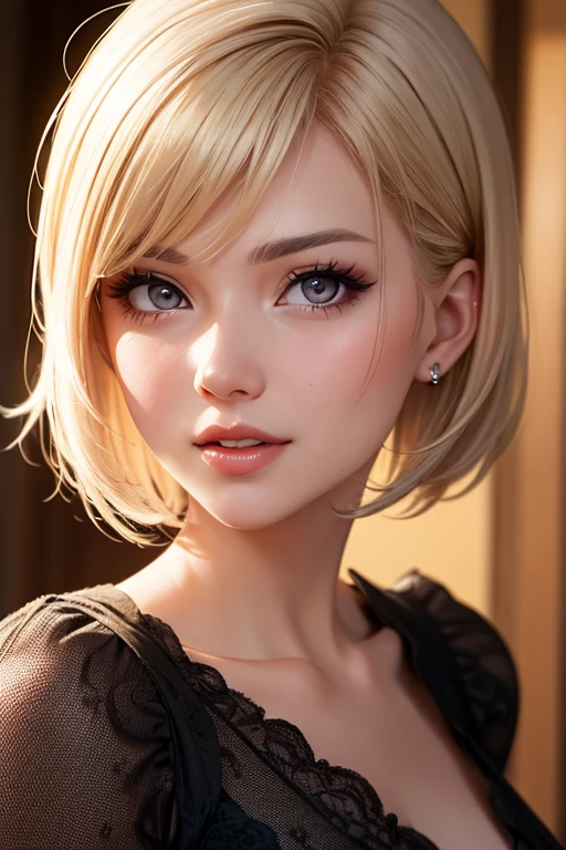 portrait woman wearing sweater in romantic Livingroom with dramatic lighting, upper body, facing viewer, beautiful woman short blonde hair, <lora:SkyBlueV5:0.7>, perfect face