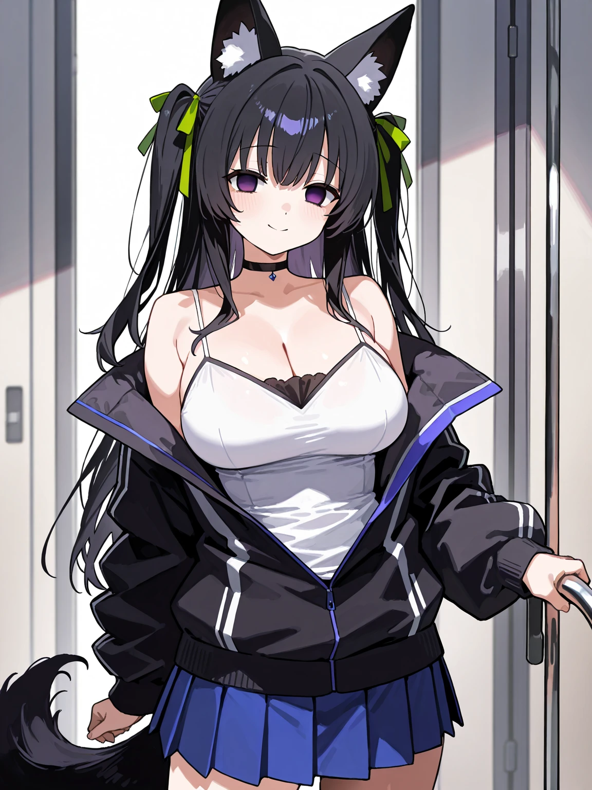 masterpiece, best quality, highres, aatama, long hair, black hair, two side up, green ribbon, animal ears, purple eyes, fox tail, choker, off shoulder, cleavage, white camisole, black jacket, long sleeves, blue skirt, pleated skirt, white thighhighs, <lora:quon_tama_v1:0.7>, indoors, smile, standing, waving, open mouth,
