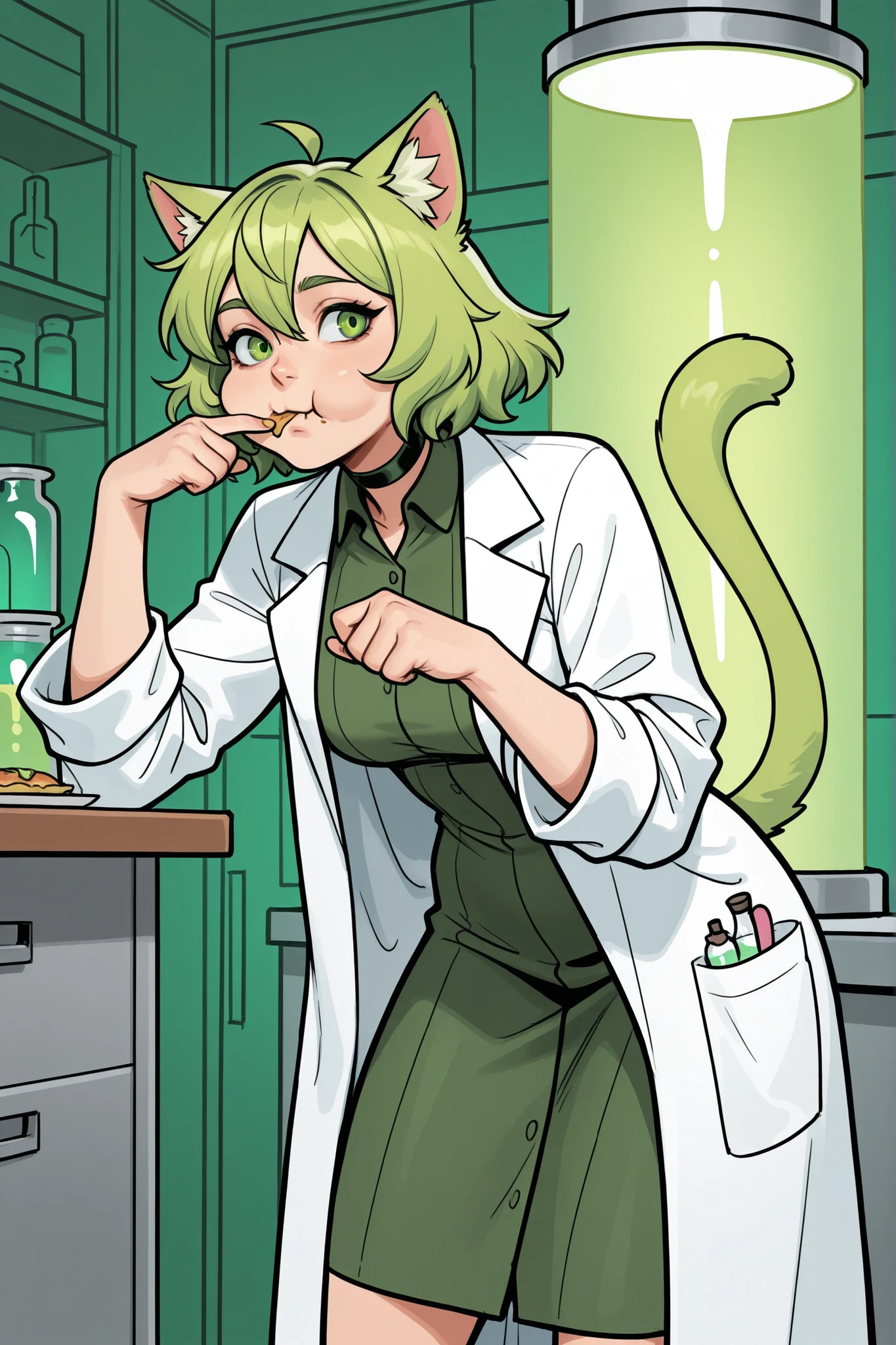 catgirl, alone in the foreground, in an idle pose, She has acidic green hair, lab background, green eyes, lab coat, cat tail, eating