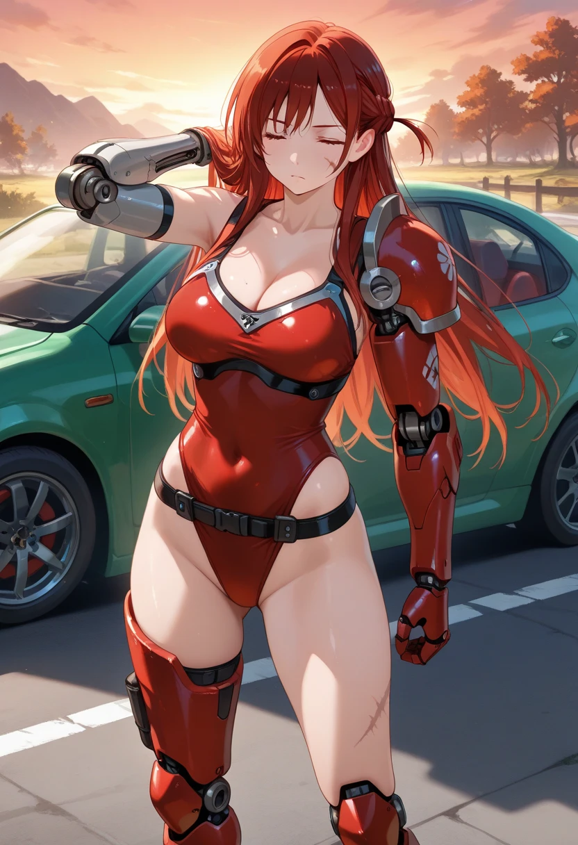 (((Masterpiece))),(((Best Quality))),(((Extremely Detailed))), Illustration, (High Resolution), High Quality, Perfect Line Art1 girl, tall woman:1, long hair, incandescent red hair, bulky, curvy body, (big breasts:1) big ass:1.3), (wide hips:1.2), thick thighs:1, slim waist:1, abs marked:1, rude attitude, evil smile, piercing gaze, frown, blushing, flirtatious:1, beautiful body, beautiful fair skin, detailed skin, sexy clothes, ((short shorts. red micro bikini)), marked nipples on the clothes, sexy pose, dynamic pose, a hand on her neck. one hand on the waist: 1, simple background, a paradisiacal beach, nihilister