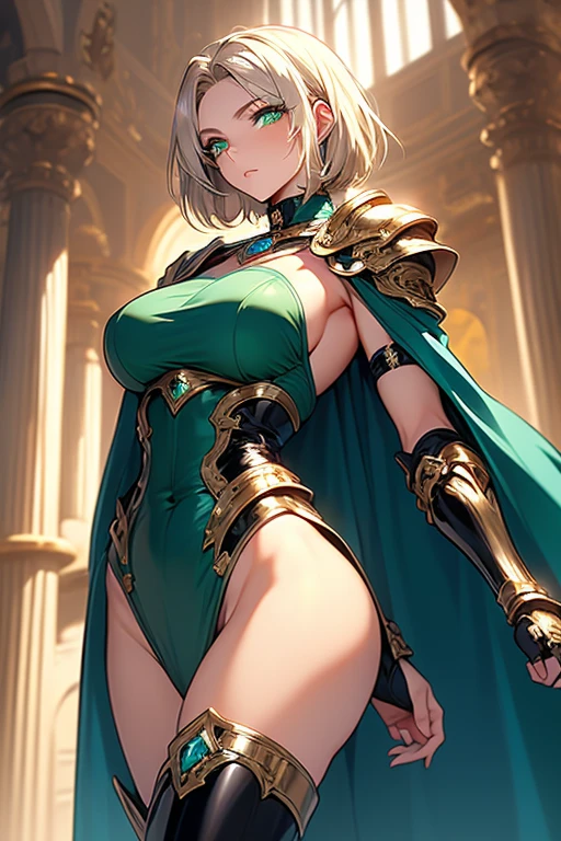 In the midst of a vibrant and dynamic world, a captivating woman with emerald green hair stands tall. She wears a heavy silver armor adorned with small, radiant red details, giving an elegant yet formidable appearance. A tiara, sparkling with gemstones, sits atop her head, adding a regal touch to her ensemble. The armor's intricate design reflects the anime style, with a perfect fit that accentuates her slender figure. A soft glow emanates from the armor, creating a dramatic contrast against the dark background, highlighting her every move. Her green eyes gleam under the moonlight, reflecting a sense of strength and determination. The overall image ex