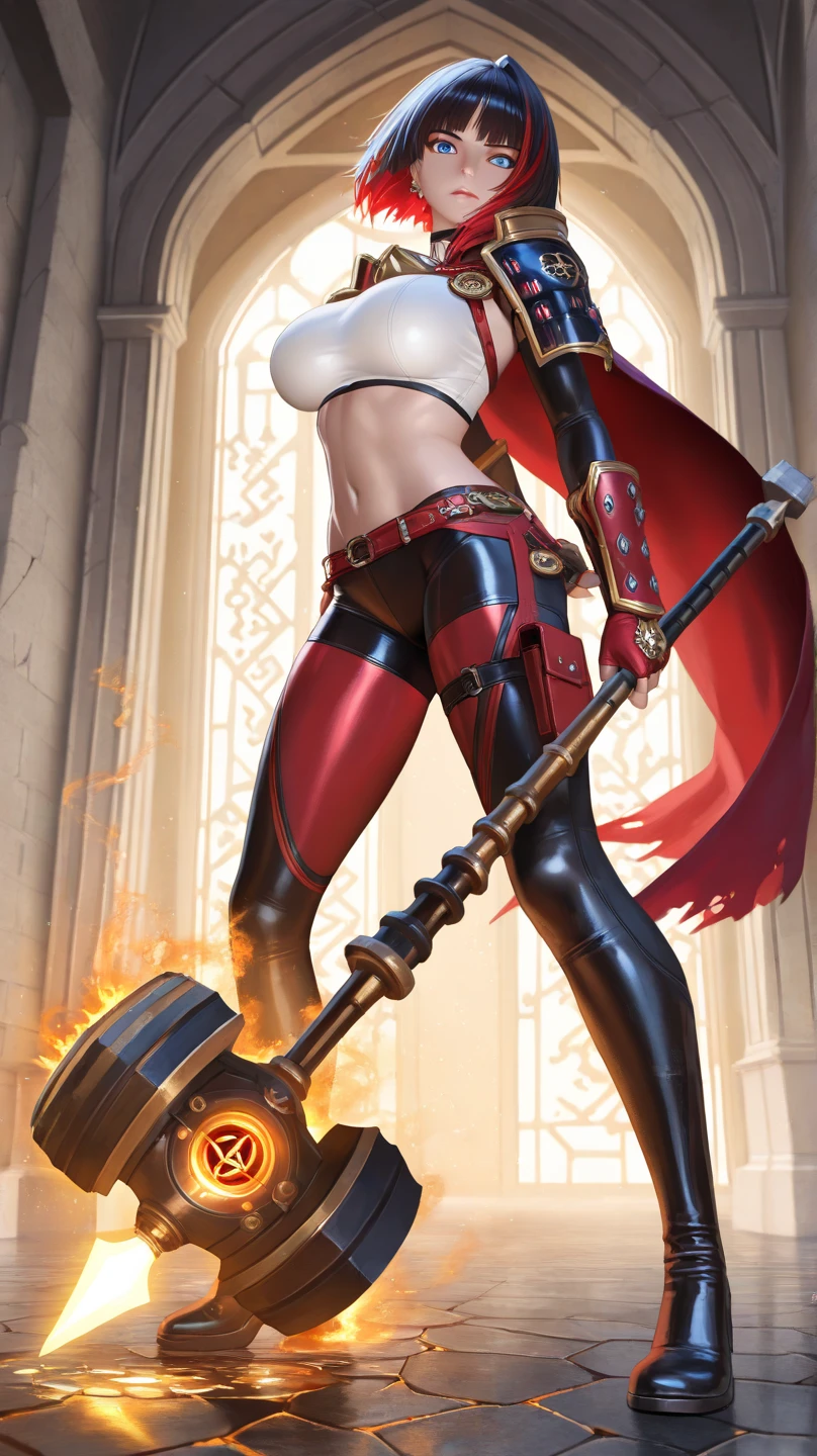full body, def_effie, RED breastplate, RED skin, looking at viewer, shiny,armor, thighhighs, high boots,shoulder armor, faulds, poleyn, gloves, gauntlets, Rerebrace armored boots, pauldrons,(masterpiece, best quality, ultra-detailed, best shadow) yordle (1girl)( RED skin:1.2) pointy ears muscular lean platinum blonde long twin-tails hairstyle at the office lustful smirking smile face red blushed, blush, strong abs, female body builder, tiara, twin drills hair