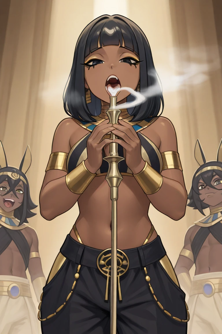 1girl, ass, barefoot, black hair, breast, dark-skinned, female dark skin,
drooling, earrings, full body, female focus, gluteal fold, holding, holding polearm, holding weapon, jewelry, looking at viewer, lying down, dreaming, navel, nipples, one breast out, open mouth, pelvic curtain, polearm, revealing clothes , short hair, simple background, sleeping, solo, spread legs, teeth, tribal, tribal clothes, weapon, white background, yellow eyes.