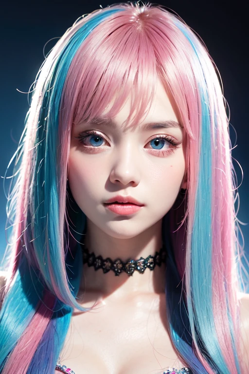 multicolored hair, hair bow, heart-shaped pupils, makeup, blonde hair, jewelry, gradient eyes, depth of field, Surrealism, glowing light, first-person view, masterpiece, textured skin, UHD