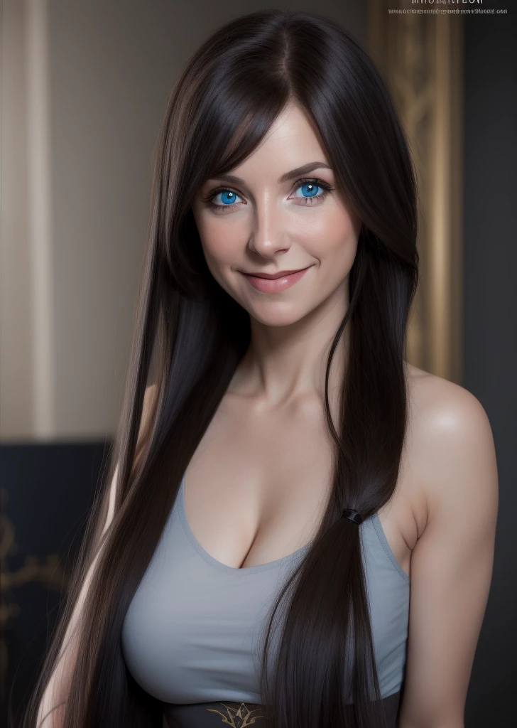 Lucy Pinder, Face portrait, red lipstick, smiling, black hair, straight hair, ponytail, black latex t-shirt, cleavage.blue dress , blue eyes