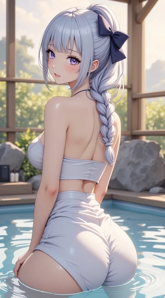 Girl with white hair on the river bank in a swimsuit sitting with her legs spread, view from the back of her thighs, medium tits, medium looking back, bright purple swimsuit with brown eyes, age 18 years