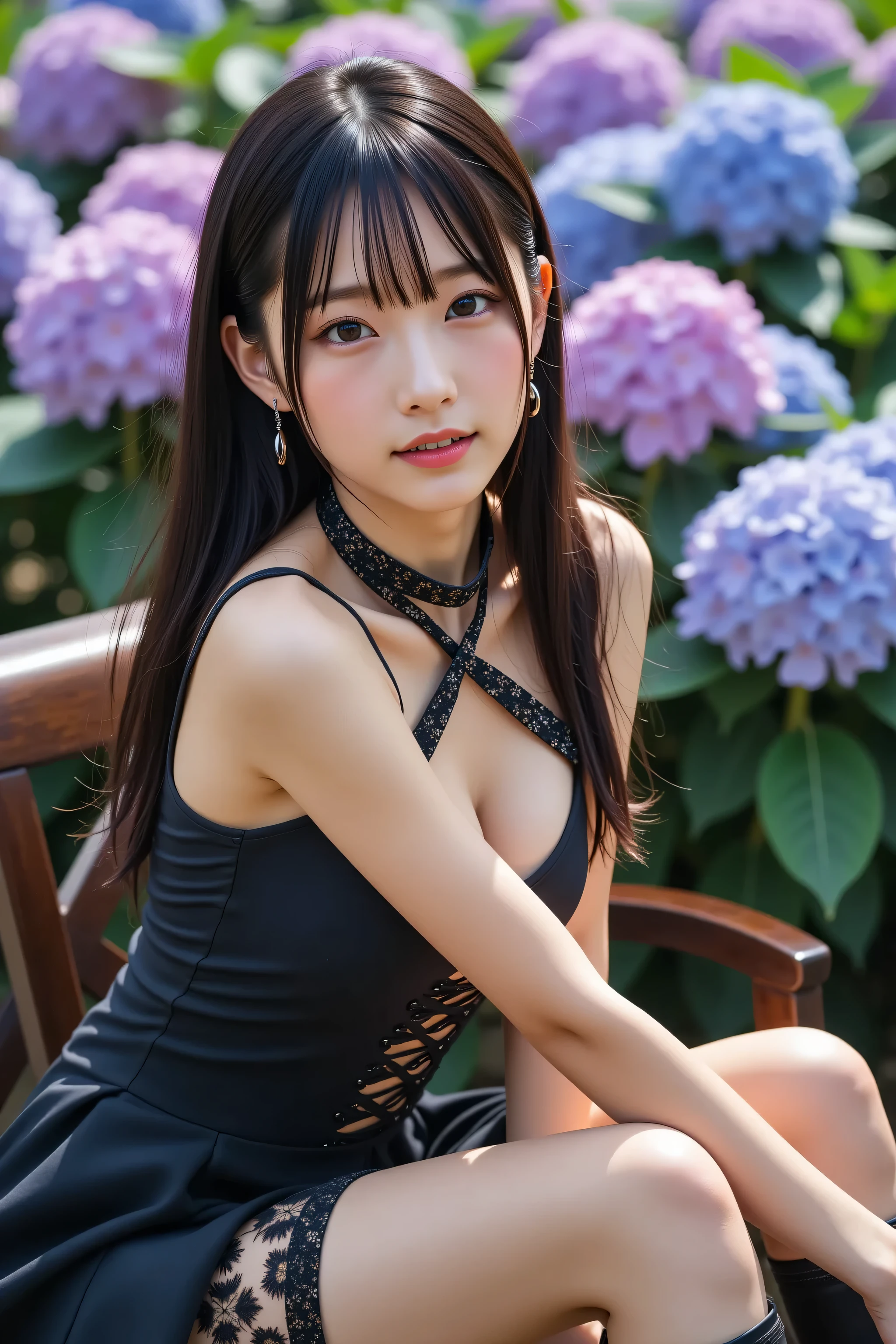 A breathtaking portrait of an elegant 18-year-old Japanese woman with long, silky black hair cascading naturally, dressed in a luxurious designer dress with intricate detailing, featuring delicate short stockings with garter accents and stylish thigh-high fashion boots. The composition is a professional cowboy shot, capturing her from the thighs up, with a captivating and alluring expression on her face. The background is a softly blurred, vibrant scene of hydrangea flowers in full bloom during Japan's rainy season, with rich hues of purple, blue, and pink, creating a dreamy, ethereal atmosphere. The image is a masterpiece, rendered in ultra-high-resolution 8K, with photorealistic textures, natural lighting, and raw, unprocessed photo quality (1.4). The high-fashion studio aesthetic is emphasized, with precise attention to the designer dress, garter details, and fashionable boots (1.2), ensuring every element exudes sophistication and elegance.

