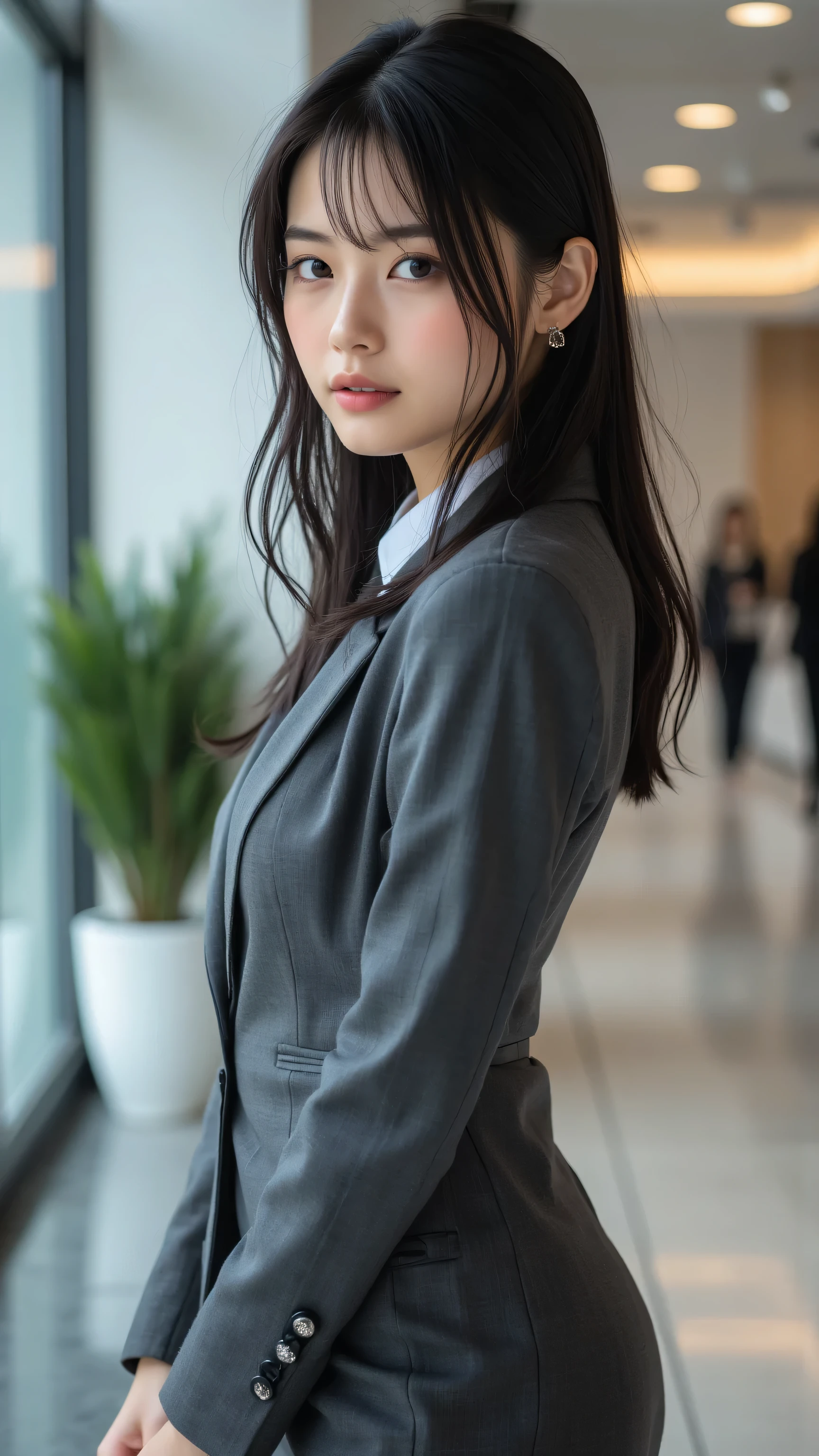 A 30-year-old professional office lady with a sleek, medium-length A-line bob with a slight inward curve, styled with a glossy, professional finish, standing confidently in a modern office lobby. Her striking black eyes feature ultra-detailed irises with reflective highlights, and her flawless skin shows intricate texture. She has full, plump lips and wears a charcoal tight-fitting suit with a white long-sleeve blouse, a mini skirt, and high heels, accessorized with delicate earrings, a subtle necklace, and a visible name tag. The composition is a full-body cowboy shot from a side profile, with her gaze intentional and directed slightly upward, exuding poise. Soft studio lighting highlights her hair and suit, creating gentle glows, with a subtle motion blur to suggest graceful movement. The modern office lobby background includes sleek glass walls and minimalistic decor, ensuring her body proportions remain natural and anatomically accurate in her standing pose.