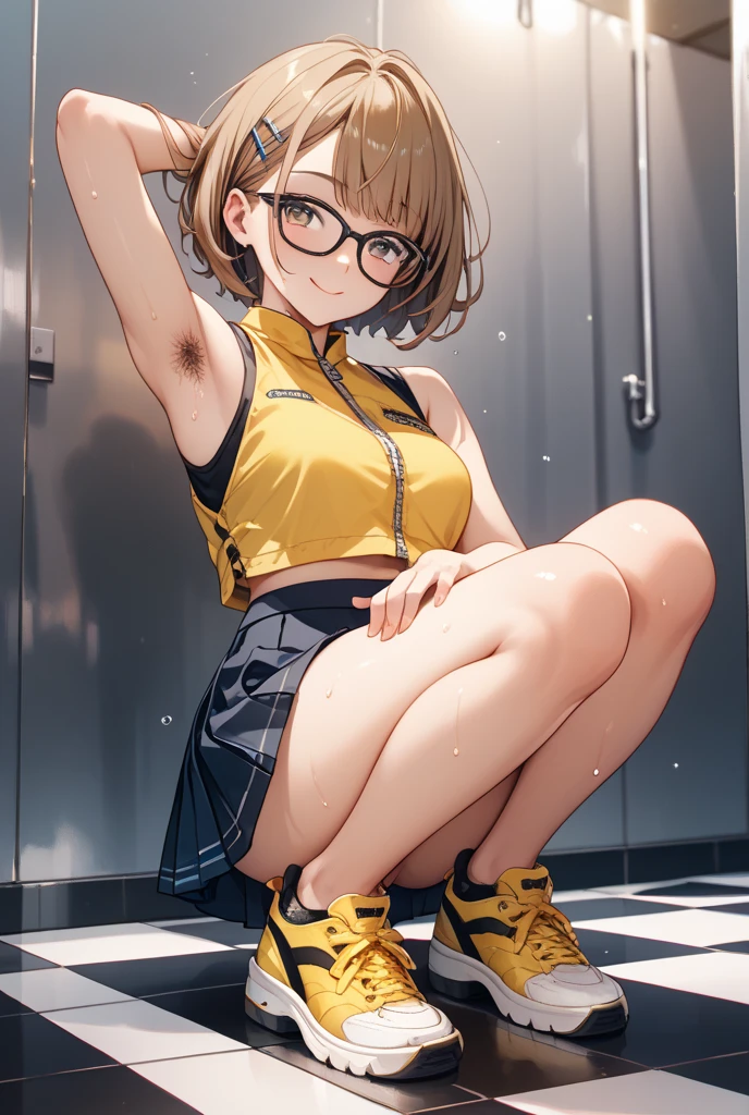 Girl, pigtails, brown hair, round glasses, smile, yellow shirt without buttons, short sleeves, big breasts, exposed stomach, yellow underpants, sitting on the floor 