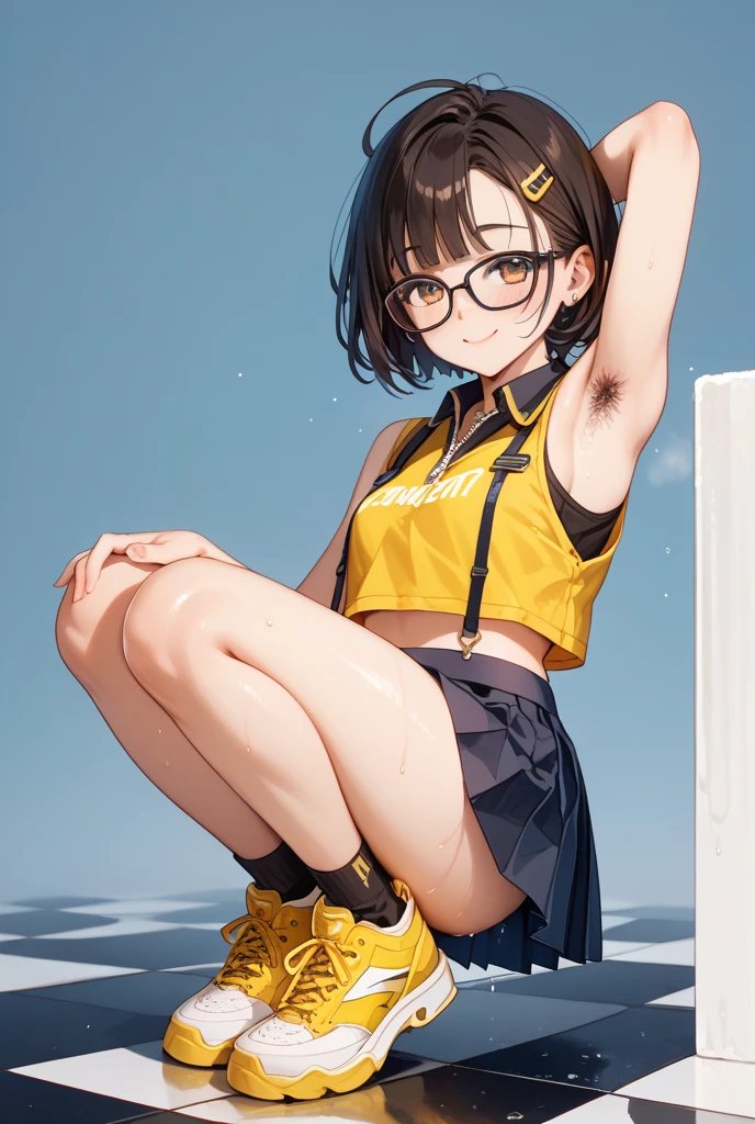 score_9, score_8_up, score_7_up, rating_explicit, score_anime, masterpiece, best quality, delicate illustration, sharp line, sharp focus,
BREAK
face focus, 1girl, black hair, short hair, wavy hair, green eyes, round glasses, hair clip, medium breasts, grid girl, race-queen,
BREAK
(bare legs:1.2), (navel baring:1.1), (black costume:1.2), (green costume:1.1), (tanktop:1.2), (tight short sleeve jacket:1.3), (short pants), (high heels:1.3), (knee boots), (belt), earrings, choker, head accessories, arm bangles,