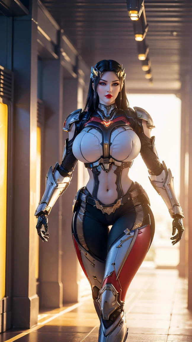 (HYPER-REALISTIC:1.5), (PHOENIX GOLD HELM:1.1), (BIGGER BUTTOCK,HUGE FAKE BREAST:1.5), ((CLEAVAGE:1.5)), (MUSCLE ABS:1.3), (MECHA GUARD ARMS:1.1), (SHINY RED FUTURISTIC MECHA BODY, BLACK MECHA SKINTIGHT LEGGINGS, WHITE MECHA GUARD ARMOR LEGS, HIGH HEELS:1.5), (MUSCULAR BODY, WETS SWEATY SKIN, LONG LEGS:1.1), (LOOKING AT VIEWER:1.3), (female focus:0.8), (WALKING HALLROOM OF FUTURISTIC SPACE STATION:1), (BRIGHT LIGHT WHITE_ROOM:1.3), HYPER TEXTURE, (4X MSAA), ((UNREAL ENGINE 5 RENDER)), PHYSICALLY-BASED RENDERING, ULTRA HIGHT DEFINITION, 16K, 1080P.