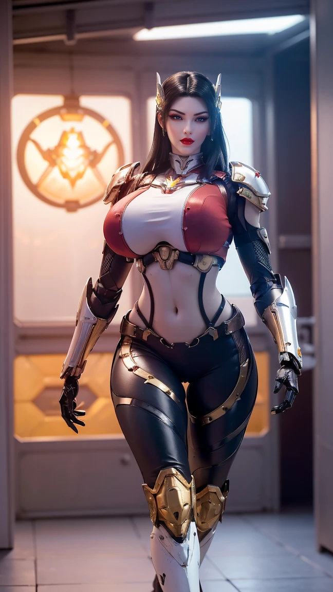 TEKKEN_REINA, CLOSE UP UPPER BODY,SOLO, COWBOY SHOT, ((EVIL DRAGON HORN MECHA HELMET,WHITE HIGHT PONYTAIL HAIR)), (GIGANTIC FAKE BREASTS,CLEAVAGE TOP,11 LINE ABS:1.5), ((WEARING OUTFIT MECHA GOLDEN CRIMSON DARK EVIL DRAGONOID ARMORED, LONG CAPE, SKINTIGHT PANTS:1.5)), (MUSCULAR BODY SHAPE:1.5), (CLEAN GLOSSY BODYSKIN:1.5), (LOOKING AT VIEWER:1.6), (BACKGROUND FUTURISTIC SPACE STATION:1), (PHOTOREALSITIC:1.4), (ULTRA-DETAILLIERT), (TOP-QUALITY), (BEST SHADOWS), BRIGHT LIGHT IN ROOM, HYPER TEXTURE, (4X MSAA), ((UNREAL ENGINE 5 RENDER)), (NEON), PHYSICALLY-BASED RENDERING, ULTRA HIGHT DEFINITION, 16K, 1080P.