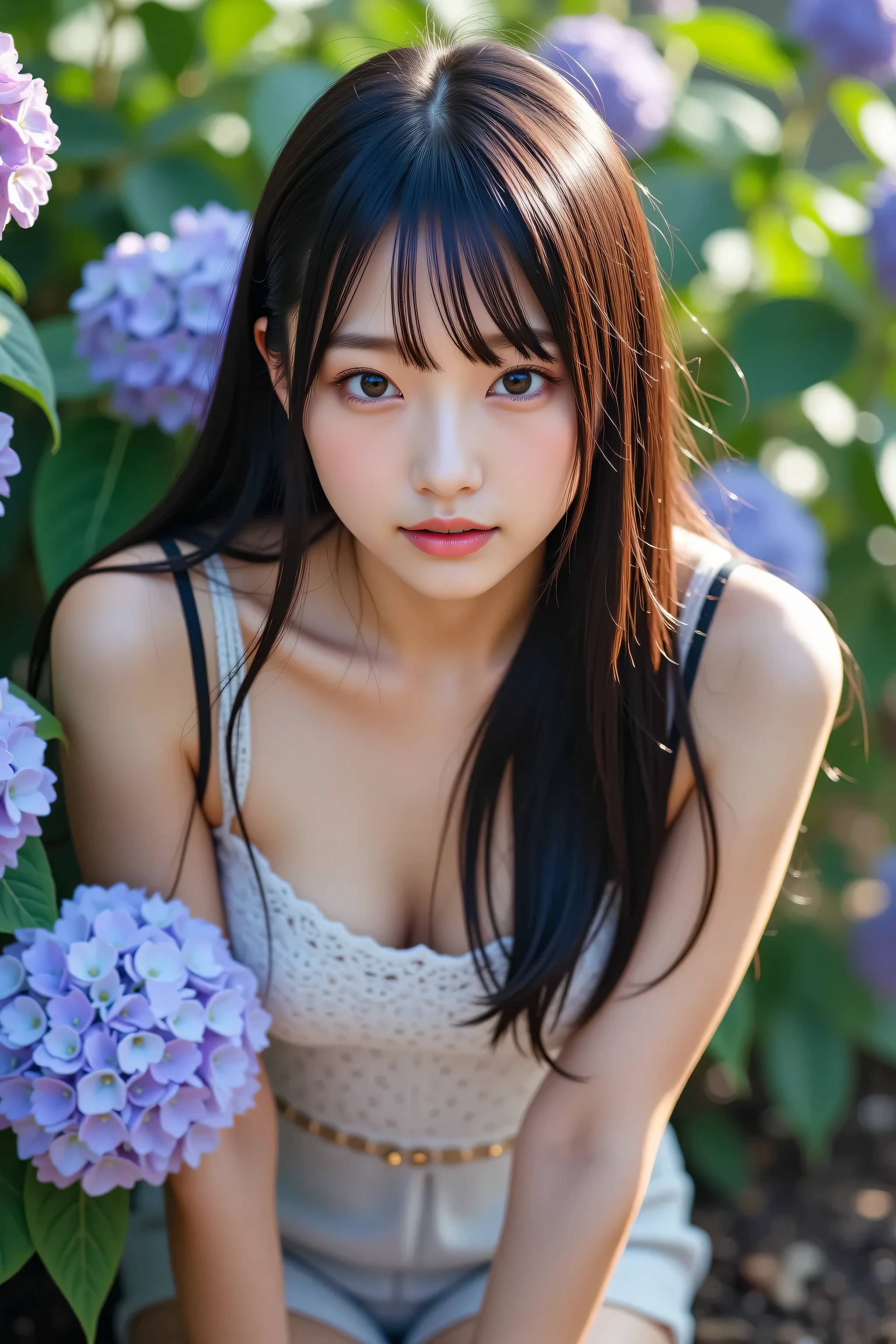 1 girl, alone, Japan girl, 12 years old, (highest quality, Realistic, High resolution, 8k, Very detailed, Detailed face, Shiny skin:1.2), Black Hair, shabby bangs, ponytail, Cute clothes, A very childish 14 year old, Looking into the camera, garden, Lots of flowers, (side boobs:1.2), (smallest breasts)