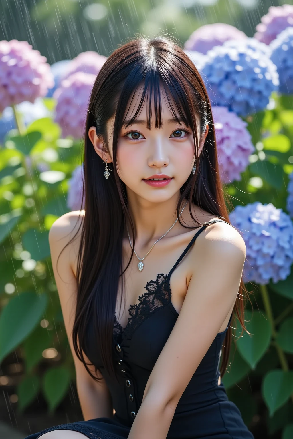 masterpiece、1 beautiful girl、A detailed eye、Puffy eyes、top-quality, 超A high resolution, (Realisticity: 1.4), OriginalPhotographs,cinematlic lighting、japanes、Super beauty、Beautiful skin、A slender、(A hyper-realistic)、(hight resolution)、(8K)、(ighly detailed)、(beautifully detailed eyes)、(ultra-detailliert)、(A detailed face)、looking at viewert、very smiling、Facing straight ahead、Black colored eyes、the body is facing forward、White sleeveless、hotpants、Clear、Summer sea、Trendy Korean Cosmetics、