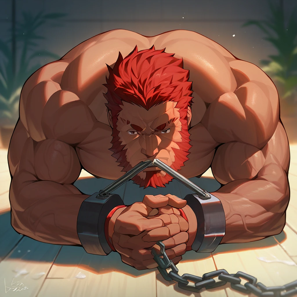 Browsing Caution。Super muscular boar beastman。Blindfold、Tie your hands behind your back。The whole body is tied up with rope。Hanging by both feet。Desperately sucking on a huge, dark red penis。Silver Eyes。Cumshot from huge erect penis。The whole face is covered in semen。
