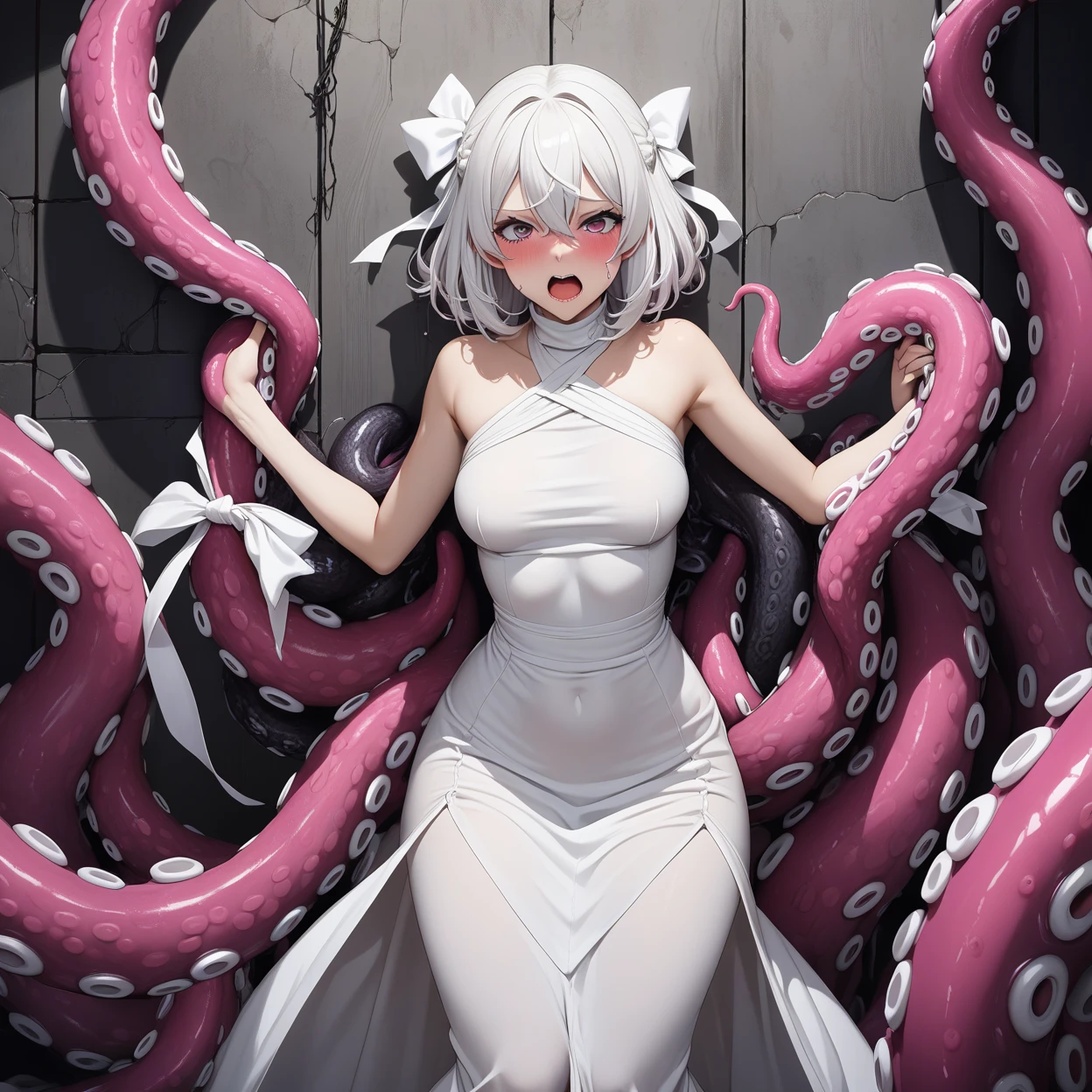 nsfw:1.3、highest quality、All limbs、full finger、blonde hair woman、wavy hair woman、(big breasted woman:1.9)、((Slender beauty))、1 female、(((A woman wearing a torn navy blue one-piece school swimsuit:1.3))), (((A woman wearing torn brown pantyhose)))、NSFW:1.6, (((A woman surrounded by countless red tentacles:1.5))), A large amount of aphrodisiac is poured into the woman&#39;s mouth., Women&#39;s bodies are more sensitive, (((Tentacles are wrapped around a woman&#39;s arms.:1.8))), (((tentacles wrapped around a woman&#39;s legs:1.5))), (((tentacles wrapped around a woman&#39;s chest)))、(((Woman is being by tentacles))), (((The tentacles are roughly pulling on the woman&#39;s limbs.:1.5))), (((The tentacle moves from the crotch of the leotard and is violently inserted into the woman&#39;s pussy.:1.5))), ((The woman is panting with her mouth open due to acme.:1.5)), ((woman is crying:1.6)), (((A tentacle is pouring semen into a woman&#39;s pussy., Countless tentacles are spraying semen on a woman, The woman&#39;s body is wet with white semen:1.3))), A woman spreading her arms horizontally