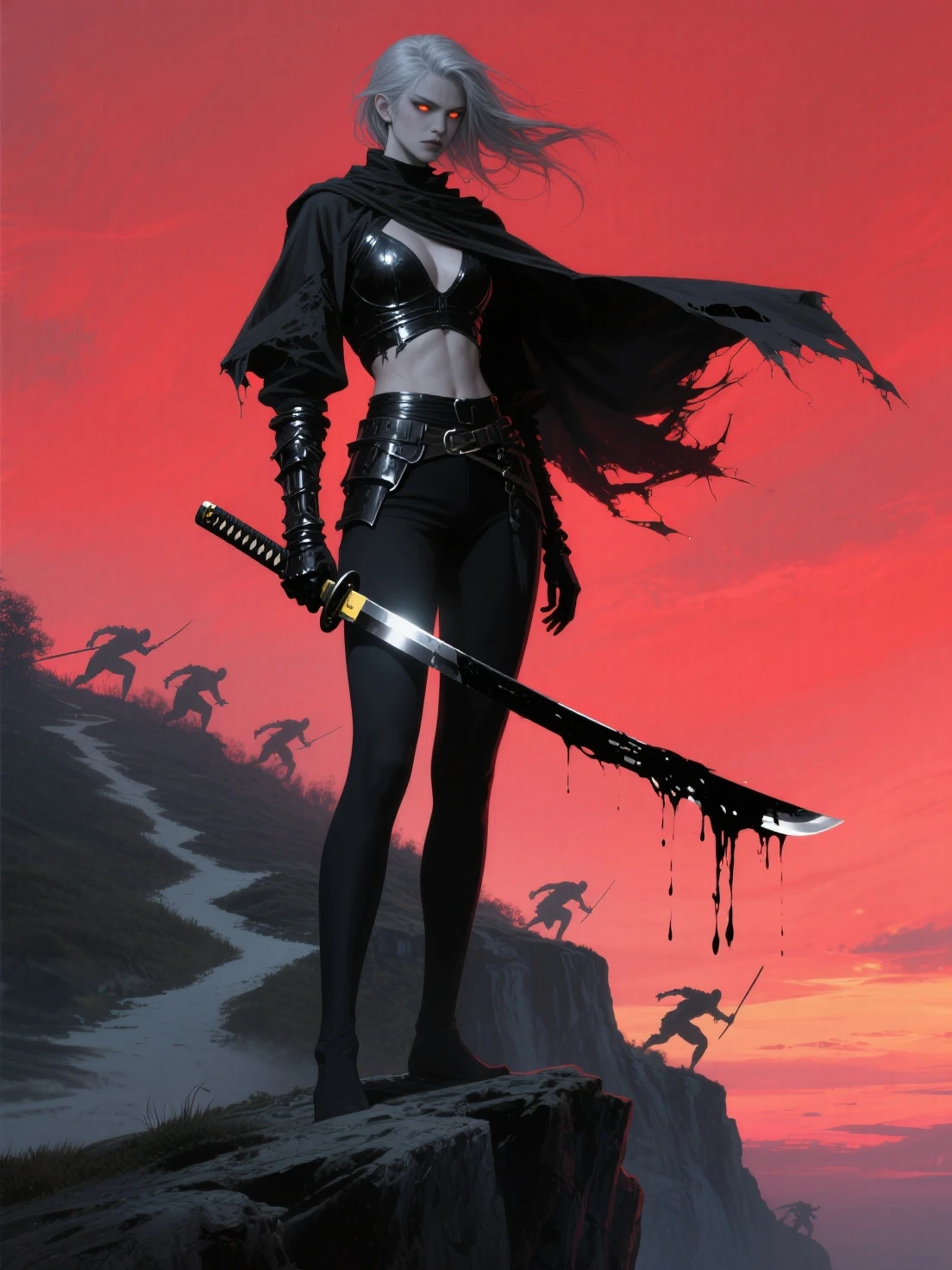 2b,(work of art), ultra detaild, fully body, soft hair, black gown, neckleace, Action, battle pose, standing with legs open, katana, wall-paper, destroyed forest background, SUNSET, smoke in the sky, sparks, serious facial expression, ideal female body, adult, opaque color palette, Reality, ( realistic styling), perfect hands and arms, corpo sexy, brandishing the sword