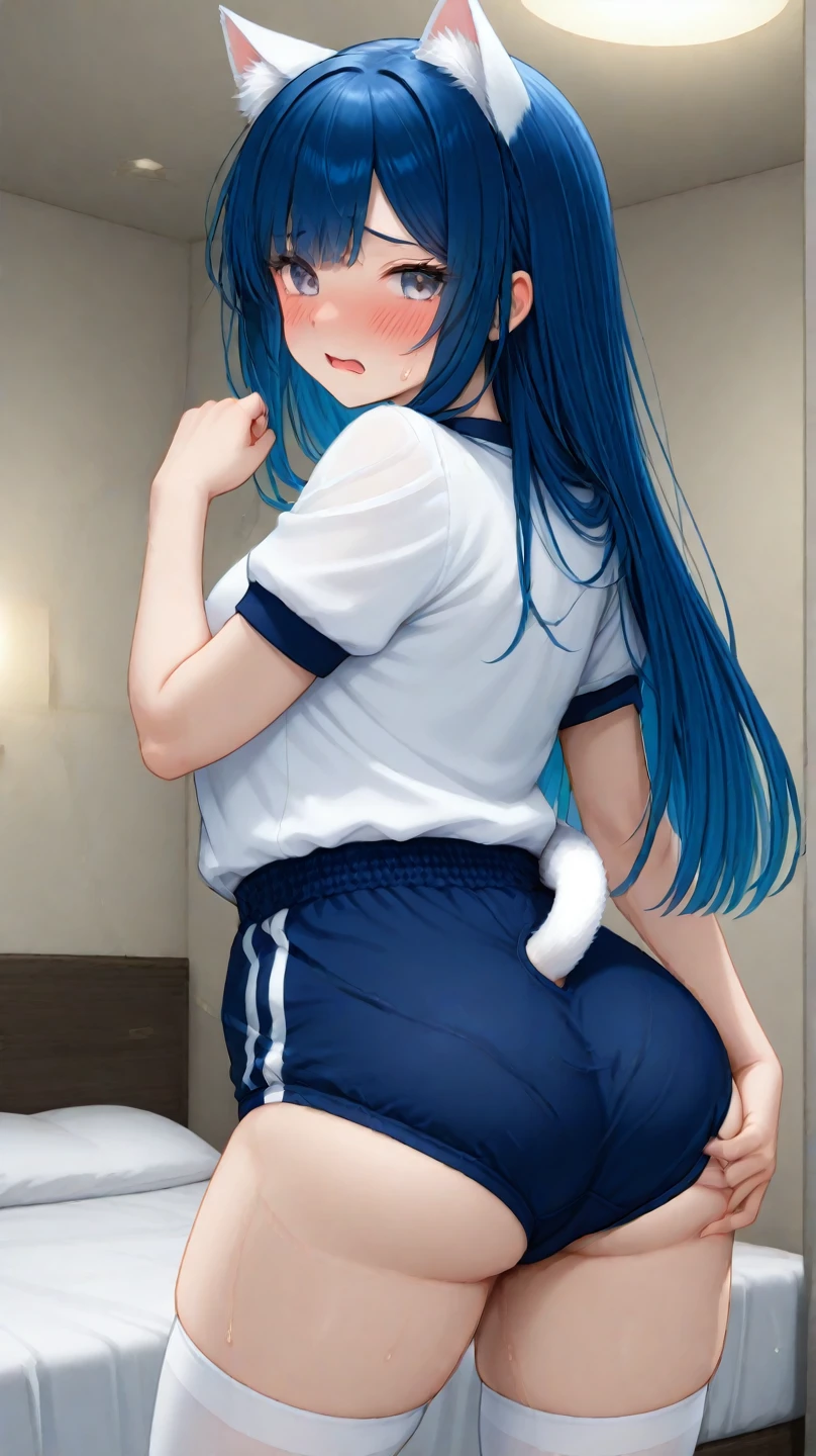 
lower panties、lower panties、lower panties,Bright blue hair、８K, highest quality, masterpiece, super detailed、bright blue hair、medium long hair、twin tails、young face、17 years old、full lips、Pale blue eyes、、blush、lipstick、medium breasts、perfect hands、detailed hands、Blushing、Glamorous expression、Nipples are visible、、school gymnasium、
lower panties