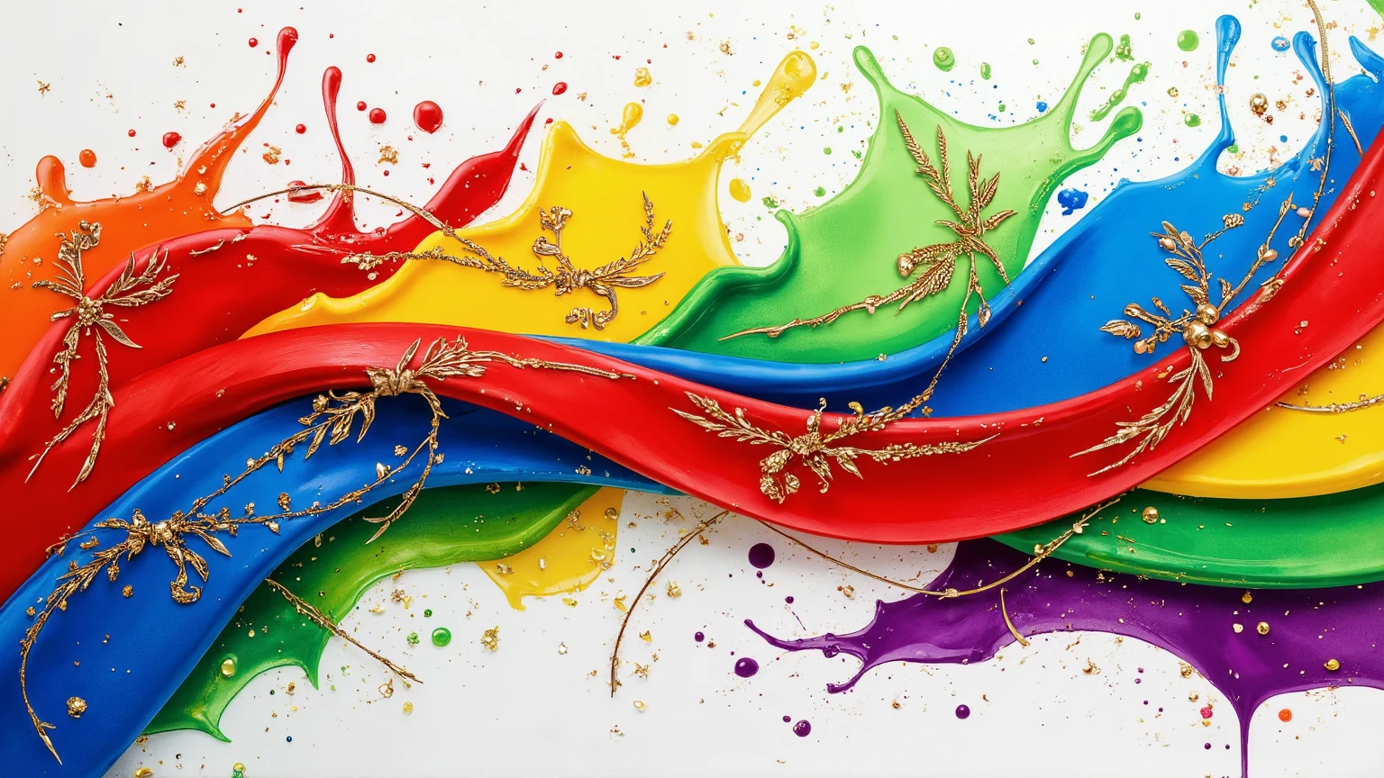 bright colors red,blue,yellow,green,lime green,violett,purple and white, fine elegant lines in gold and bronze, pouring art flat on canvas