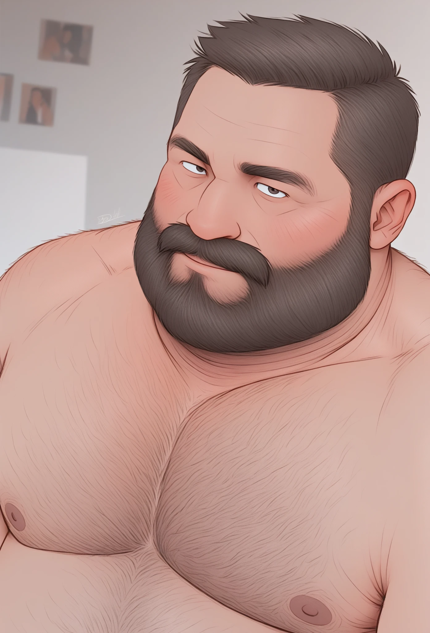 Huge beefy fat boy with luxurious long black beard. Very soft body. Round belly, no abs. Italian male, Blue blackground