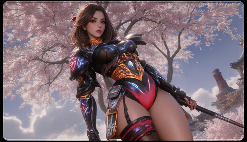 beautiful japanese young woman, wearing cyborg armor made of gold, thick symmetrical features, very short hair, background is cherry blossoms, pink aura, red lips, octane render, (Thick thighs:1.3)