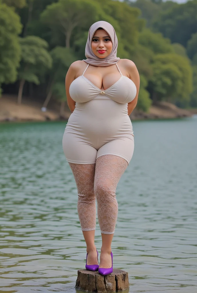 Raw, bestquality, masterpiece, Ultra-realistic, ultra-detailed, korean, chubby, beautiful plump body woman wearing a hijab, wearing a tight knitted tank top, no pants, exposing ass, stockings, big breasts, smiling sweetly, ultra details, standing at watery village, foggy weather