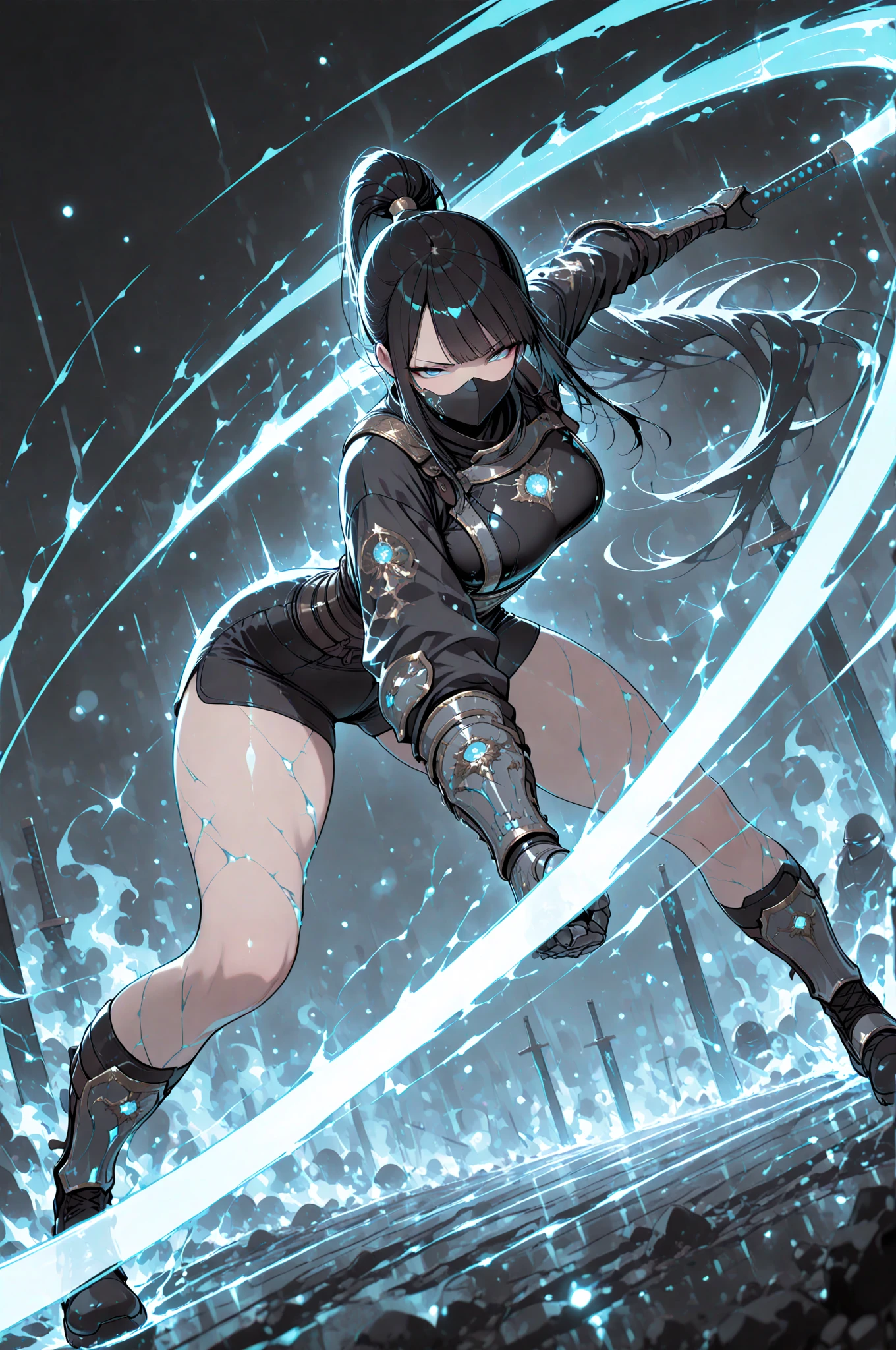 (masterpiece), (best quality), 1girl, perfect anatomy, perfect body, perfect eyes, ultra detailed hair, in the dark, cinematic, (blue glowing eyes), eyes focus, sexy, messy hair, windy