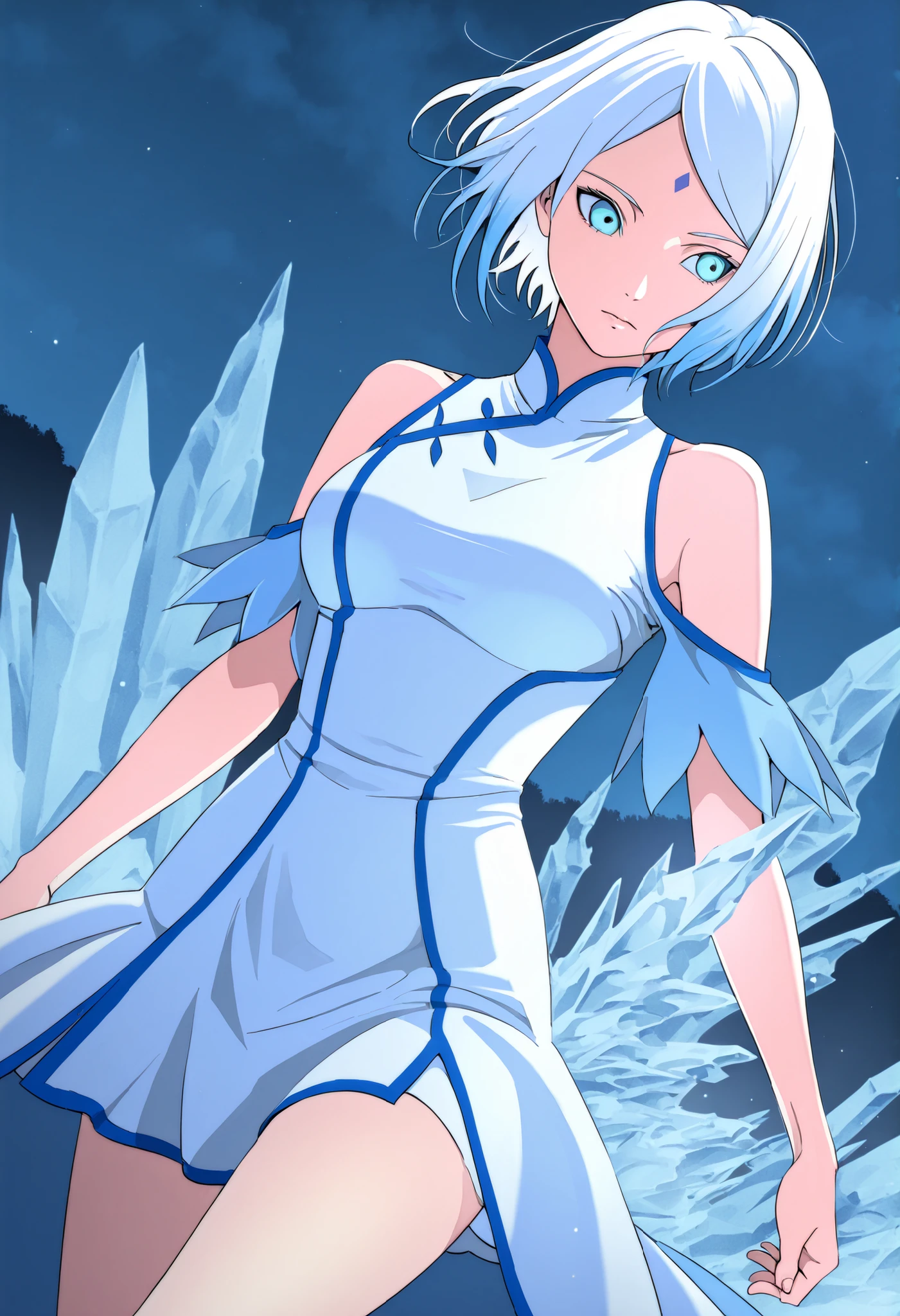 score_9 , score_8_up , score_7_up, solo, 1girl, Sakura Haruno, short hair, blue eyes, white hair with blue tips, white dress with blue trim, fantasy style, rpg style, fantasy mage dress, queen, ice mage, coboy shot, dutch angle, in a whitecastle, night