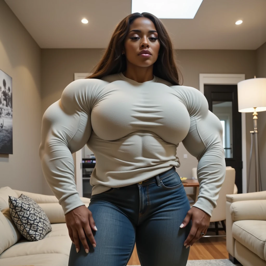 Foxy Brown, A heavily muscled iffb pro female bodybuilder, (Realistic, high resolution:1.3), (Upper body), 1 girl with perfect figure, Super fine face and eyes, Denim corset top, Skinny jeans, cafe shop, Sitting, (Big breasts), cleavage