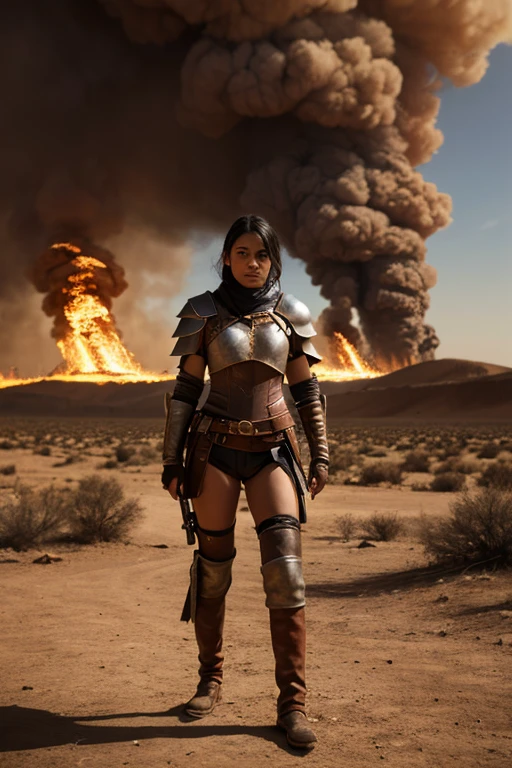 a girl in armor, the Middle Ages, holding a long fiery sword, standing with her back in the middle of destroyed tents against the backdrop of the apocalypse and a burning circus with clowns - zombies, anime style, high quality, high detail