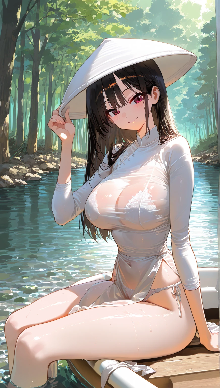 Chica de anime con una bolsa parada frente a un lago, Hinata Hyuga, Estilo anime Ecchi, Kotegawa Yui, Ecchi, inspirado por Nishikawa Sukenobu, Maya Fey de ACE Attorney, Shikamimi, Anime Thai Girl, Llevar saco grande, Portada del anime, Nishimiya Shouko, More Detailed, Mayuri Shiina