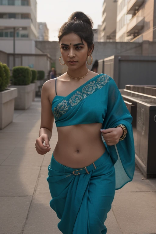 create relastics beautiful model that is in cyan blue beautiful sari and it is in public pace street road