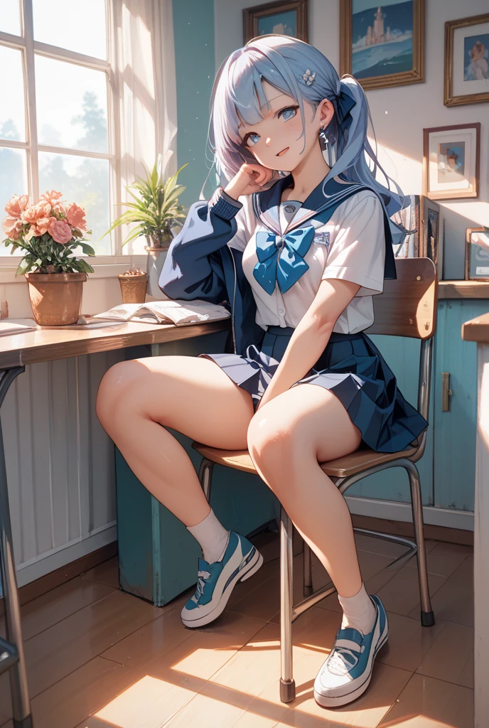 (best quality:1.3)、1 girl in、high school、mini skirt、table、Sit up、foot braids、Cute anime illustrations、