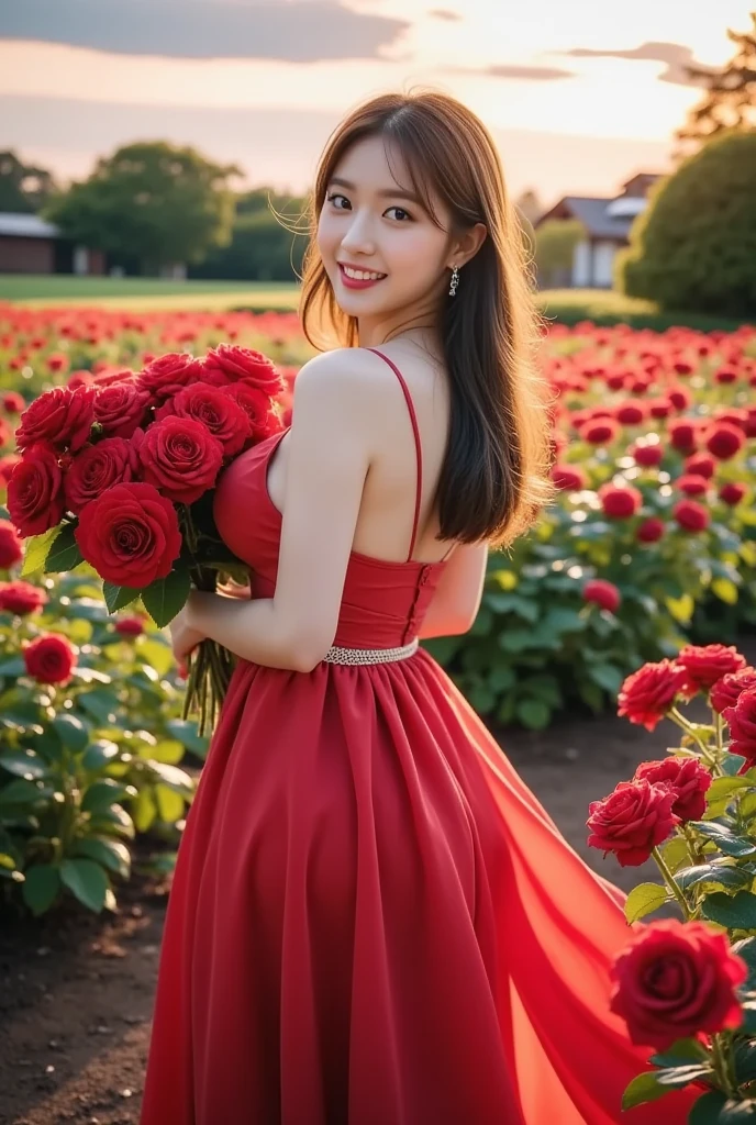 Famous beauty actress Dog ears Bright Red Dress holding a celebratory bouquet