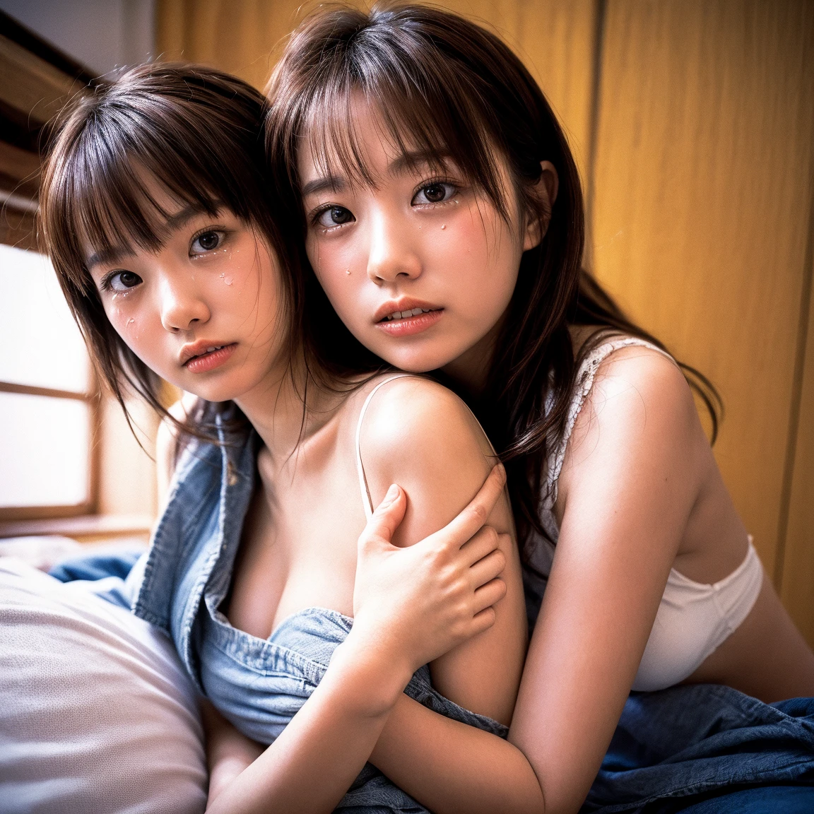 A 20-year-old girl meets her own clone。beautiful love、Lesbian、Dark Room、Cinematic lighting、close、With a smile、((masterpiece))、(8k、uhd、Live Shooting、Highest quality、masterpiece:1.2)、Super detailed、Super Resolution、(Hyper Reality、)Super detailed、Super Resolution、(Real、Actual Photos:1.47)、(They are hugging each other.)Leaning closer、(Fantastic lighting)Hug me、Cinema lighting、White skin、Fair-skinned female proofreading、ultra HD、Stylish lighting、Beautiful female proofreader reflecting light、Amazing details、Highly detailed beautiful、Highly detailed face、Highly detailed eyes、Extremely realistic skin、 Highly detailed fingers, Highly detailed nose, Highly detailed mouth,