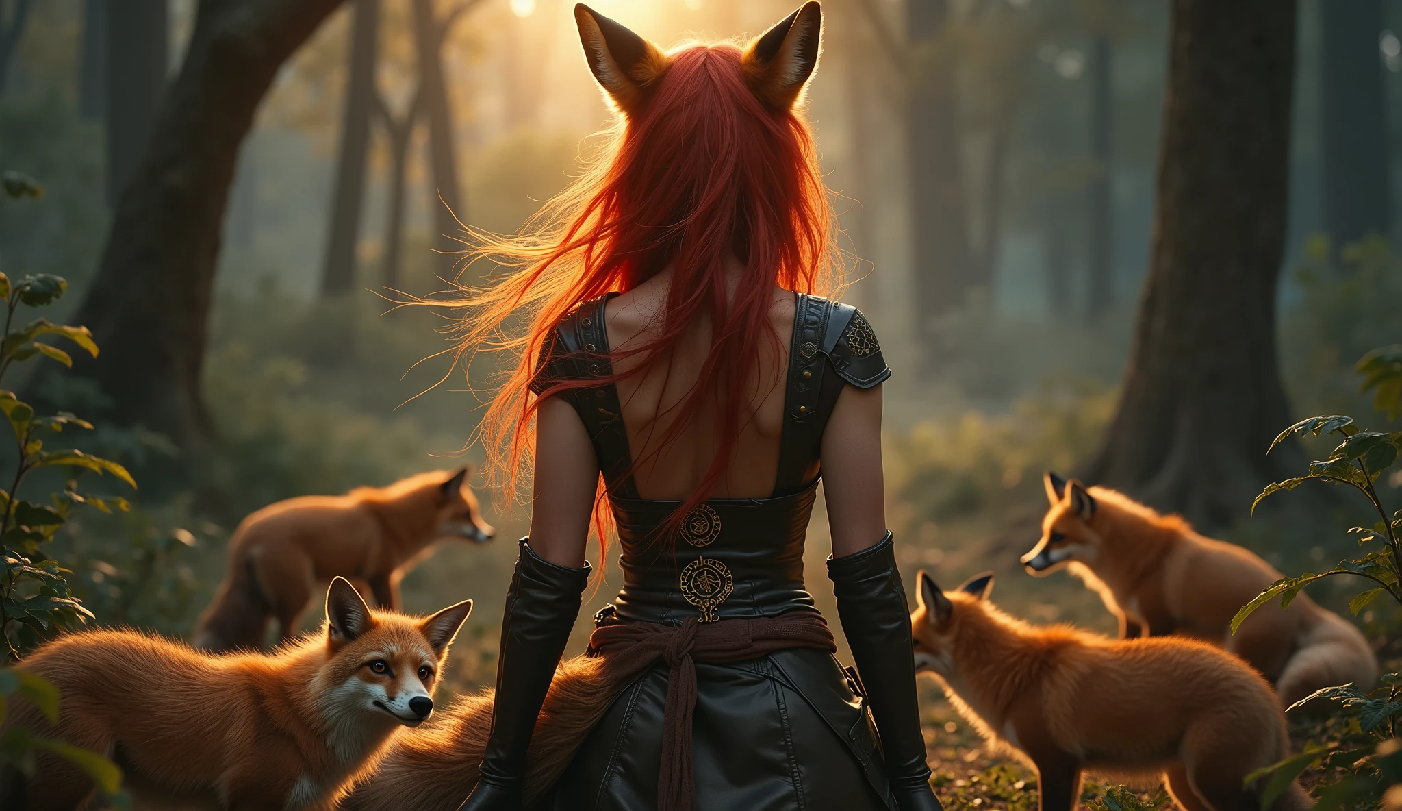 Celtic fox, Werewolf, beautiful woman,full chest, Age 25, middle of transformation in the moonforest, red wild hair, is like fire, flowing, amber eyes, in leather fur clothes, strong , but feminine curves, foxes circle at her feet, glowing Celtic runes on her back, mystical and primal energy, 8K Ultra Realistic.