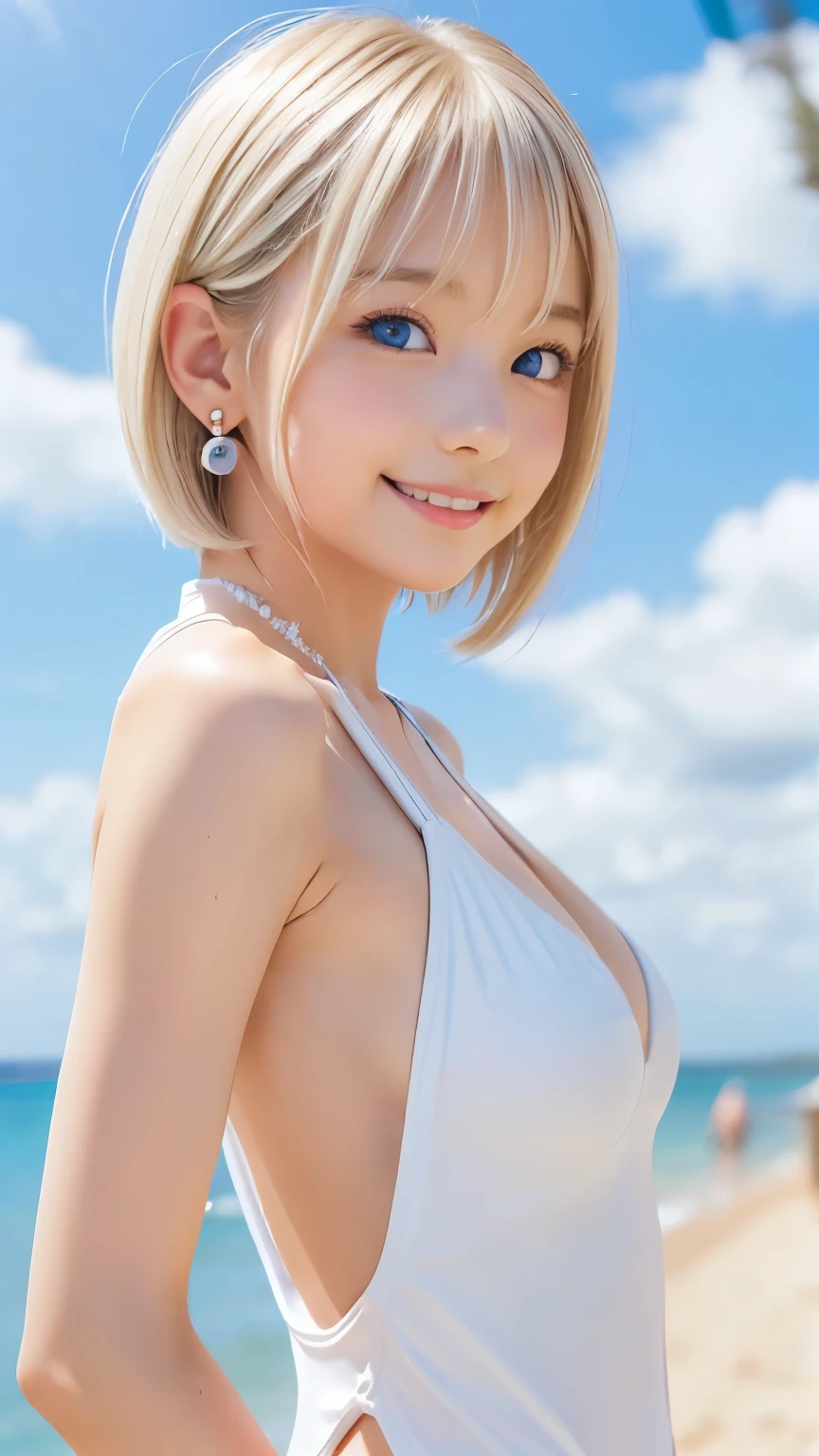 (Elementary school girl.7 years old.Height is 120 cm.Beautiful white skin.Slim body.Hanging eyes.Blonde.Very short hair parted in the middle.Beautiful Blue Eyes.Tight waist.Very large breasts.T cup breasts.Very large cleavage.Beautiful areola.plump nipples.The skin is radiant and glowing).(A tight, see-through white dress.Not wearing underwear.Your clothes are wet.nipples are clearly visible).(1 person.Uyuni salt lake.Are standing.Hands clasped behind back.My whole body is wet with water.Look at me and smile)Perfect Face.High resolution.It's dynamic
