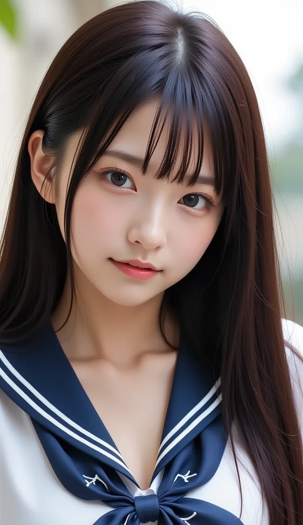 masutepiece, Best Quality, 8K, Age:13 Teen, Raw photo, absurderes, award winning portrait, Solo, Night, neons, Idol face, violaceaess, gardeniass, Delicate girl, Upper body, Digital SLR, Looking at Viewer, Candid, Sophisticated, zora々Right, Thin arms, Professional Lighting, Film grain, chromatic abberation, (Eyes and faces with detailed:1.0), (Bokeh:1.1)、a sailor suit