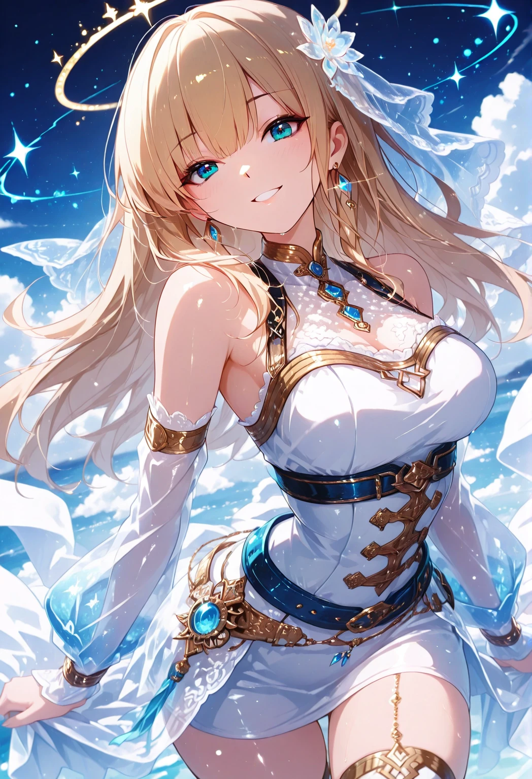 Priestessess,Valkyrie,Angel Wings,belly button,Side bust,Complex,Particles of light,Thighs,Shiny skin, Perfect lighting, One girl, View your viewers,Winged hat,Pelvic Curtain, smile,(masterpiece), (Highest quality), Very large breasts, maternal, Porcelain-like skin, Honey Blonde Hair, Very long hair, Wavy Hair