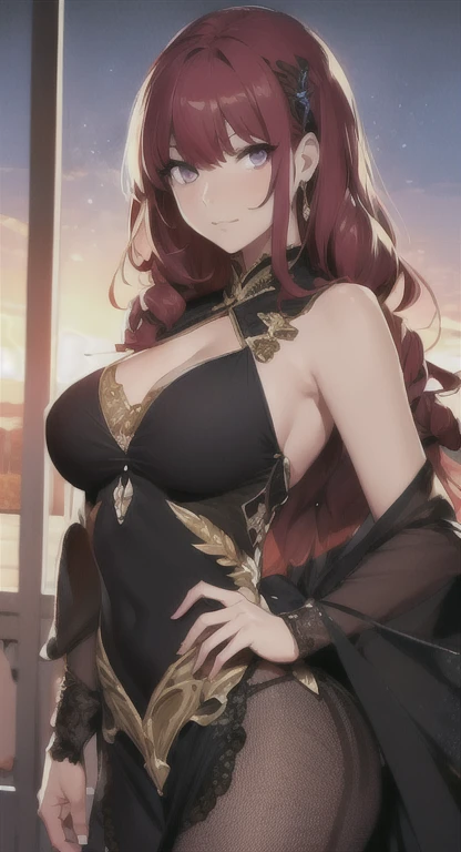 Highest quality, masterpiece, figure, wallpaper,One woman, Beautiful detailed woman, Highly detailed eyes and face, Beautiful attention to detail, Shine, View your viewers, Purple Eyes,,Bright Red Hair ,crisp finger, clear background, deep night、Earrings、bracelet,28 years old,Are standing,Slim body,Dance