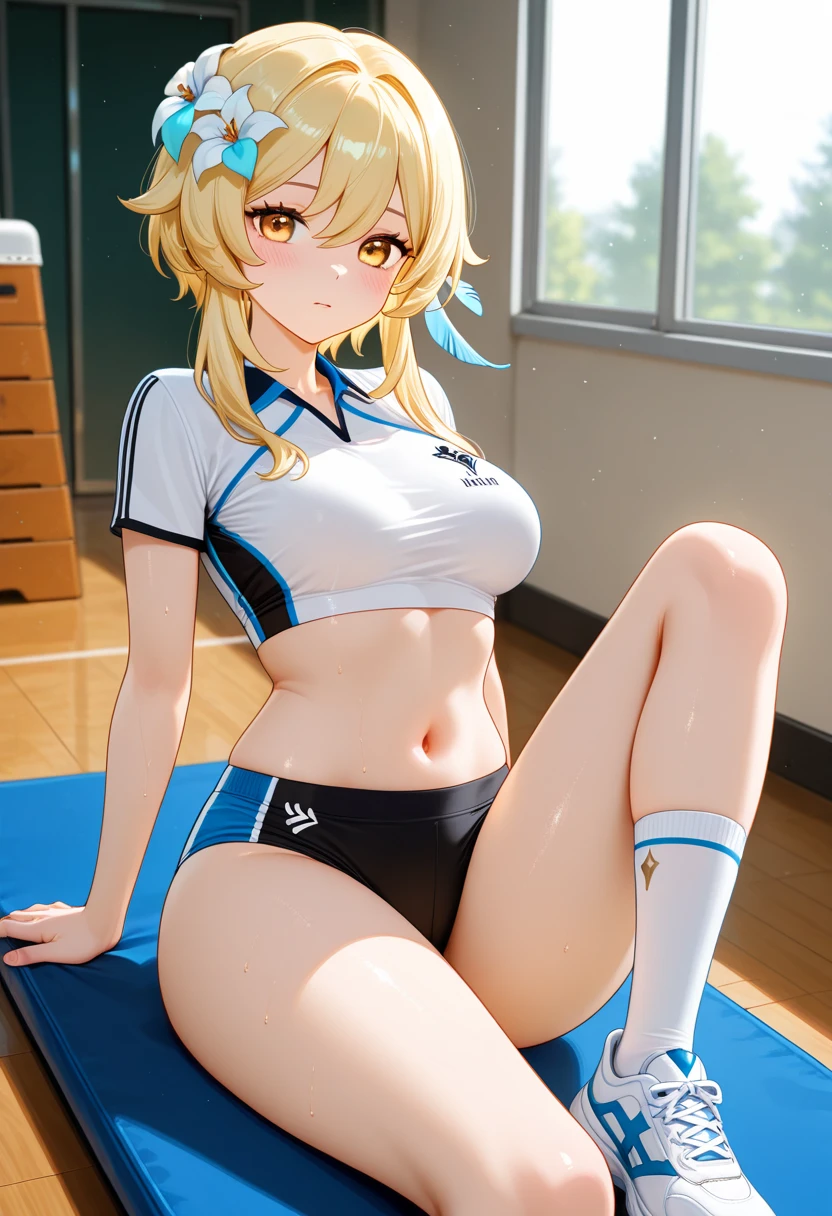 Absurd, super detailed, top quality, official art, break, solo, one, golden hair, shiny hair, beautiful girl, 16 years old, break, shiny skin, break, blue eyes, hairstyle, break, cheergirl, break, upper body, focus, break, short stature, break, hands behind back, bed,