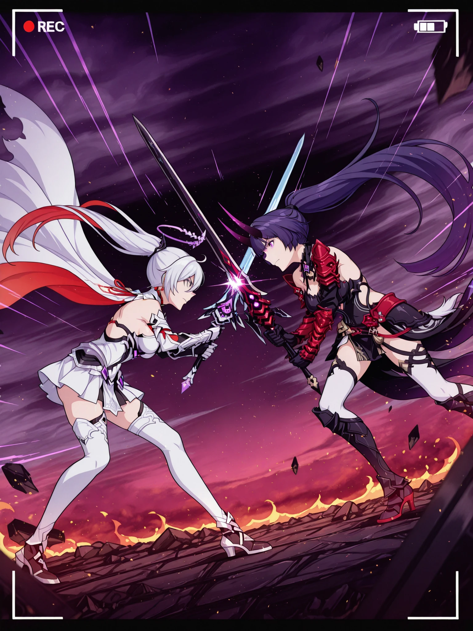 (masterpiece, best quality), amazing quality, very aesthetic, absurdres, highres, HDR, 8K, scenery, depth of field, chiaroscuro, extremely detailed face and eyes, cinematic, professional lighting, (dynamic angle), dutch angle, foreshortening, anime coloring, anime screencap, honkai (series), (honkai impact 3rd), duo focus, (2girls, multiple girls), dynamic pose, blurry foreground, motion lines, (((many slashing lines))), SwordClash, sword, holding sword, sword, weapon, holding weapon, debris, battlefield, fire, fog, facing each other, sword stances, fighting stance, clashing, epic battle, sword fight, (recording filter, broadcast)
BREAK
1girl, kiana kaslana (herrscher of flamescion), blue eyes, white hair, ponytail, very long hair, armored white gloves, burnt white cape with a red inner layer, sideboob, bare shoulders, sleeveless white dress, short dress, white thighhighs, black shoes
BREAK
1girl, raiden mei (herrscher of thunder), purple eyes, purple hair, very long hair, red horns, halo, gauntlets, black gloves, armor, backless outfit, bare shoulders, black dress, short dress, pelvic curtain, white thighhighs, shoes, black shoes