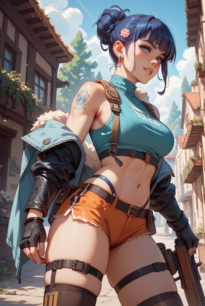 (best quality,4k,highres:1.2),ultra-detailed,realistic,beautiful girl with blue hair, wearing Fortnite-themed attire like a colorful open t-shirt showing a transparent bra underneath and transparent panties, showcasing her stunning figure. She has a beautiful smile that lights up the scene, and her expressive eyes captivate viewers. Her big breasts add confidence and allure. In her hands, she holds iconic Fortnite weapons, like an impressively detailed assault rifle and a sleek sniper rifle, enhancing the action-packed atmosphere.
The girl stands in the midst of a dynamic Fortnite scene, surrounded by vibrant environments and structures. Lush landscapes, towering mountains, and majestic waterfalls create a picturesque backdrop. The scene incorporates signature Fortnite elements, such as building materials, loot drops, and harvesting tools, immersing the girl in this renowned gaming universe.
The lighting in the scene is dramatic, with sunlight casting dynamic shadows on the landscape, emphasizing the girl's features and adding depth to the composition. The color palette exudes energy and excitement, with vibrant blues, greens, and pops of orange, reminiscent of Fortnite's iconic aesthetic.
This prompt will result in a high-quality, 4K resolution masterpiece that perfectly captures the allure of a black girl in a Fortnite-themed setting. The level of detail and realism in the image will astonish viewers, making it a true work of art.
Remember that the prompt should be generated without any additional explanations or sentence structure, following the guidelines mentioned above.
