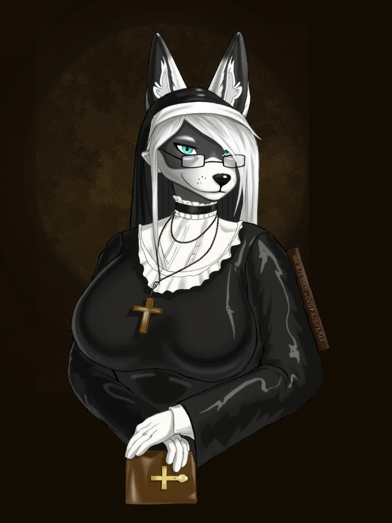best quality, highest quality, masterpiece, high resolution, clean picture, smooth picture, high details, symmetrical, simple background, solo,
Laverne, furry, furry female, yellow eyes, makeup, eyeshadow, snout, animal nose, banimal ears, dog ears, wolf ears,
nun, black habit, black robe, necklace, cross, cross necklace,
big breasts, voluminous breasts, presenting breasts,
<lora:Laverne-05:1>