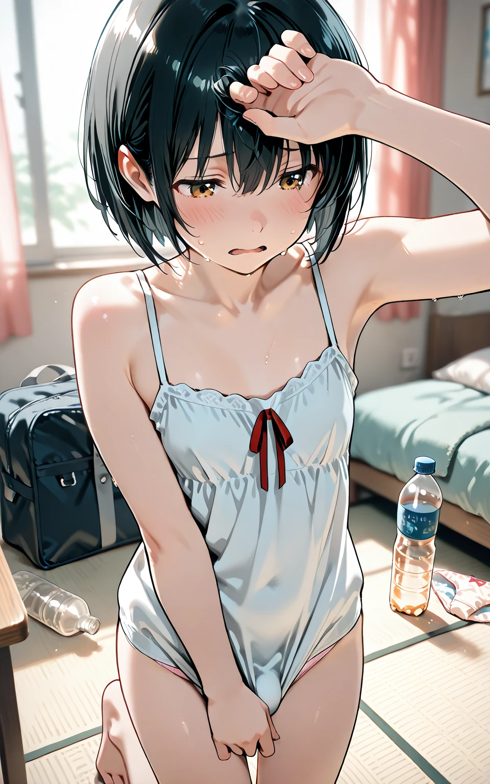 Bloomers、Gym suit、School、In the classroom、Sitting in a chair、Nipples、Girl、Girl、Short、Younger、Lower school year、Baby Face、flat chest、Dynamic Angle、masterpiece、best quality、ultra-detail、Great Khan、The air conditioner is broken、Summer sunshine、Spreading legs、Looks hot、Raise one leg、The desks are lined up、corridor、window、Seems like a hassle、Complaining、There are several classmates behind me.、Untidy appearance、Her chest is exposed、Wide Stride、Fan、With his mouth open sloppily
