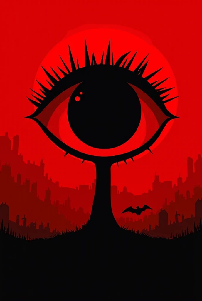 Couverture d'un livre inspiré des films : Nightmare on Elm Street. Le fond de la couverture est rouge. En bas de la couverture, une rue pleine de maisons francaises. Au Au dessus des maisons , un oeil sans paupières de petite taille.